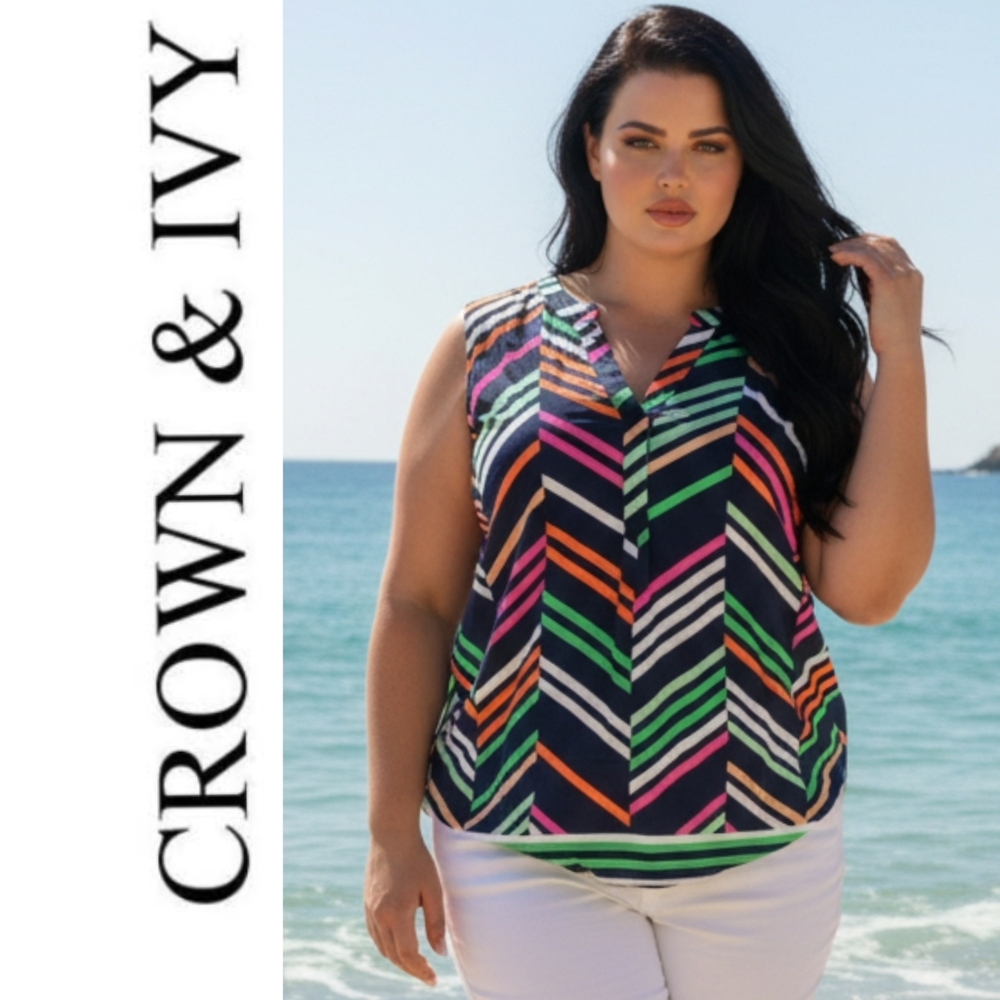 Crown & Ivy Striped Multi-color V-neck Blouse